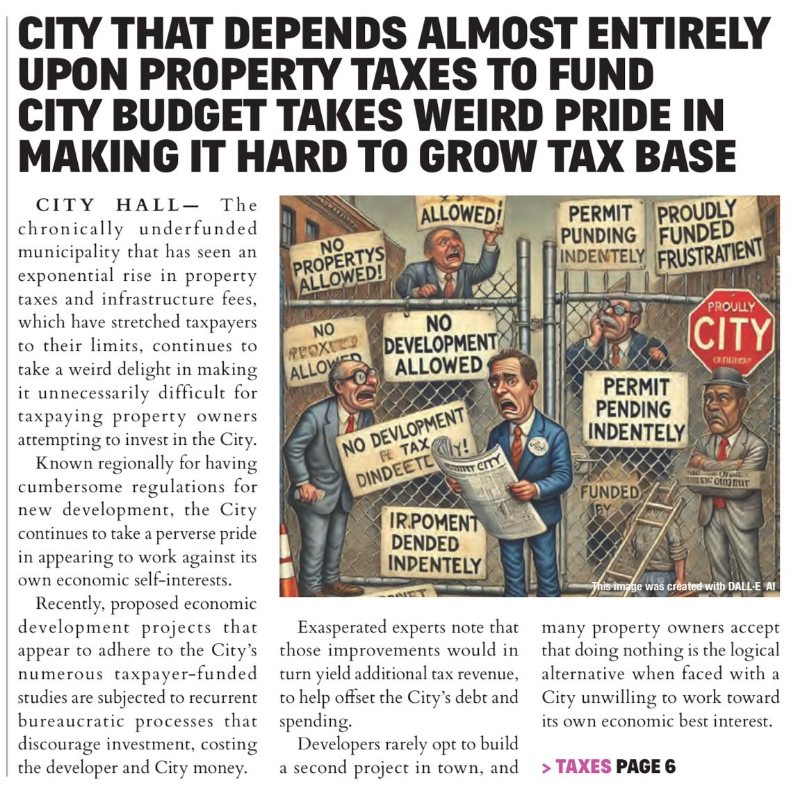 City That Depends Almost Entirely Upon Property Taxes To Fund City Budget Takes Weird Pride In Making It Hard To Grow Tax Base